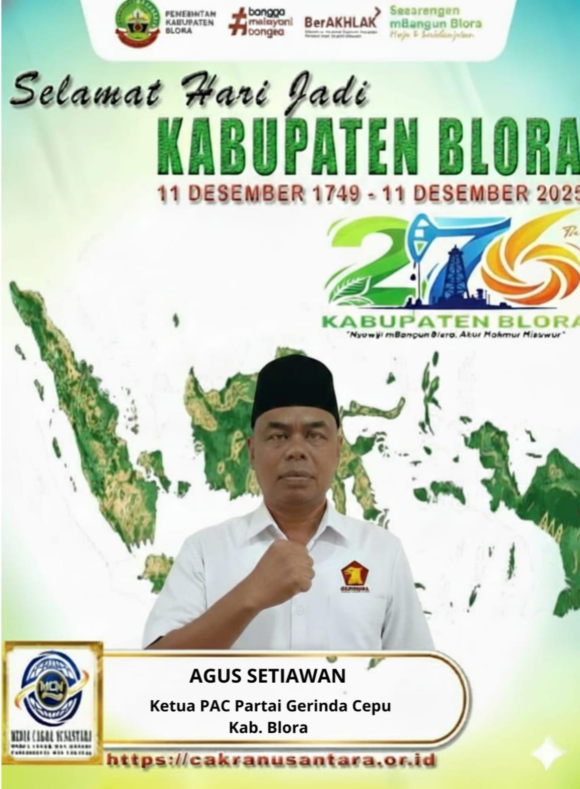 Ketua PAC Gerindra Cepu Agus Setiawan Ucapkan Selamat Hari Jadi Blora ke-276