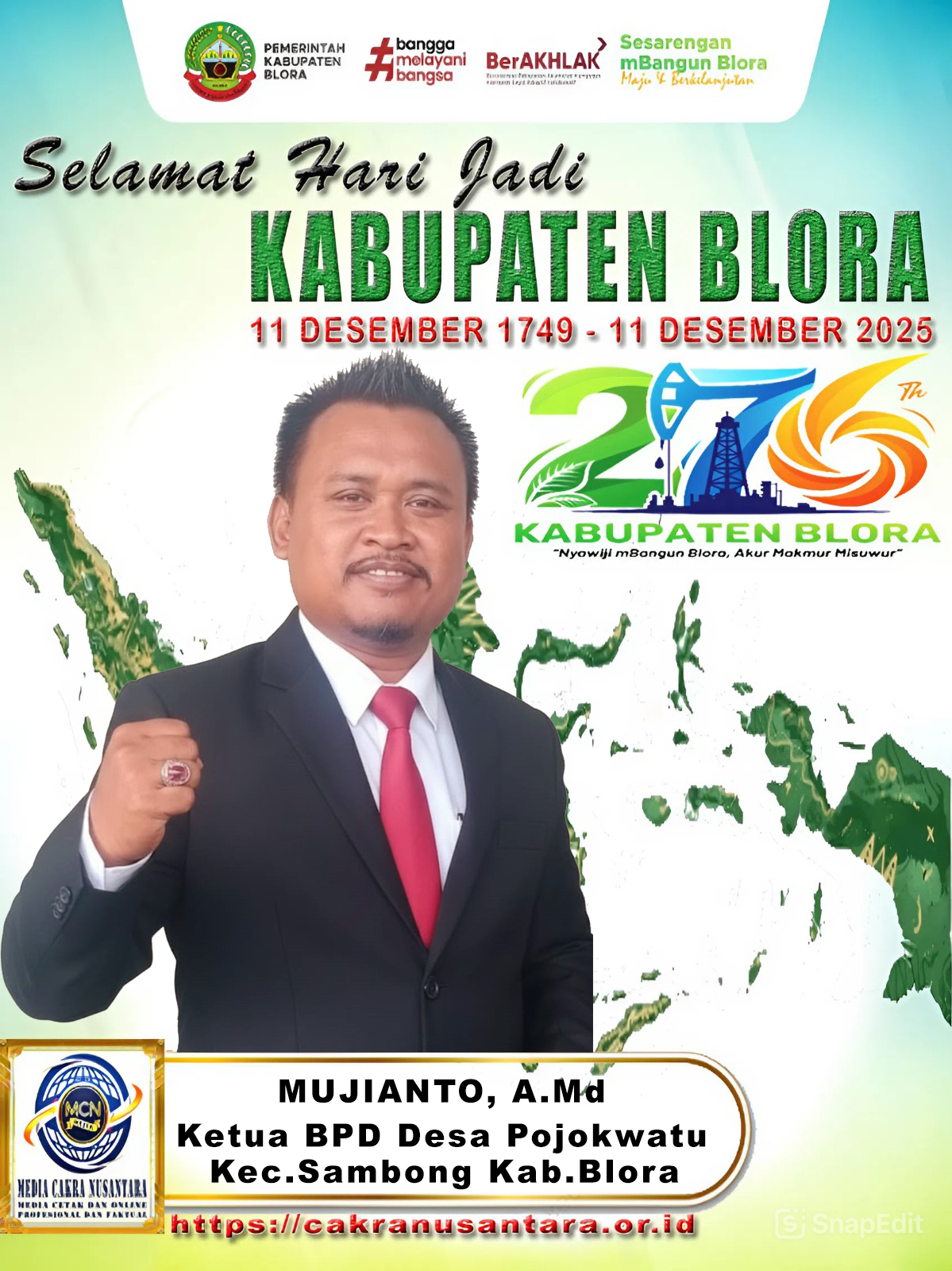Mujianto Ketua BPD Pojokwatu Ucapkan Hari Jadi Blora ke-276, Siap Maju di Pilkades 2027 Demi Desa yang Lebih MADANI (Maju Aman Dinamis sejahterA dan maNdiri)